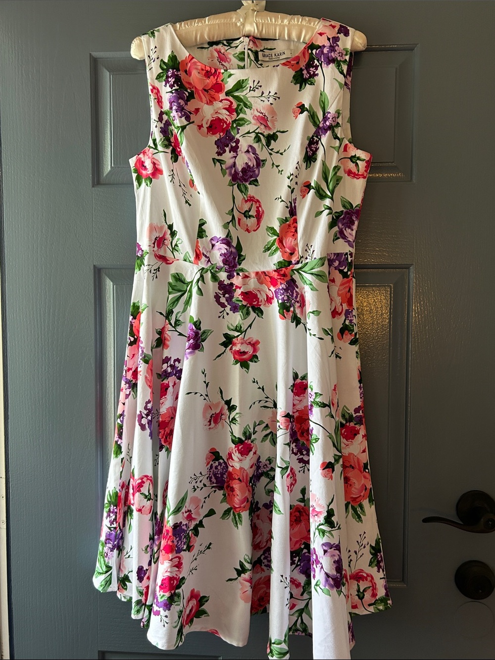 Grace Karin White Floral Dress with Pink & Purple Flowers